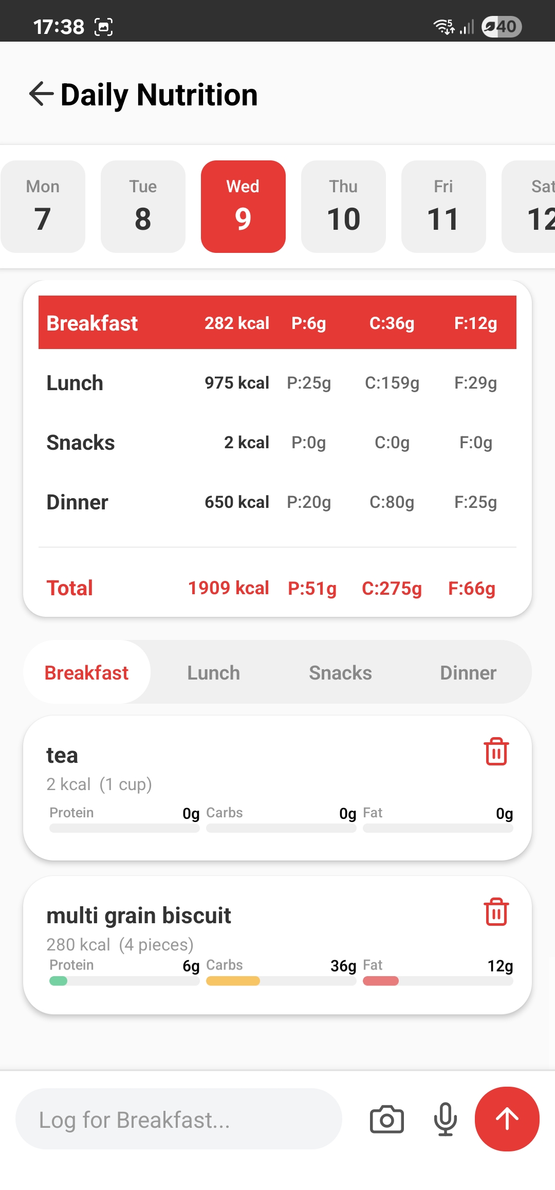 Daily nutrition tracking screen