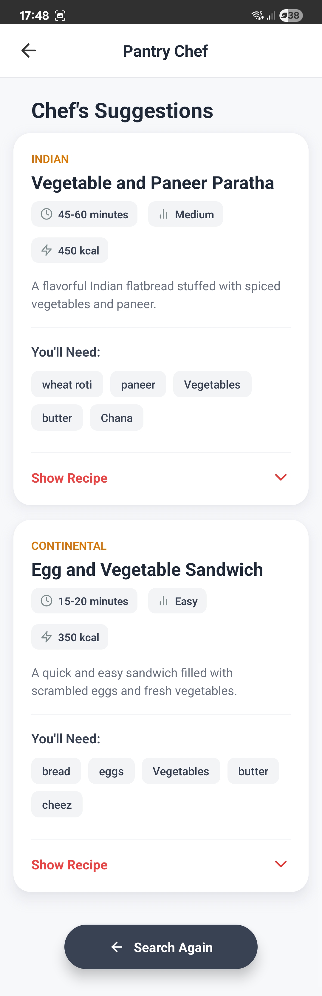 Pantry Chef feature showing recipe suggestions