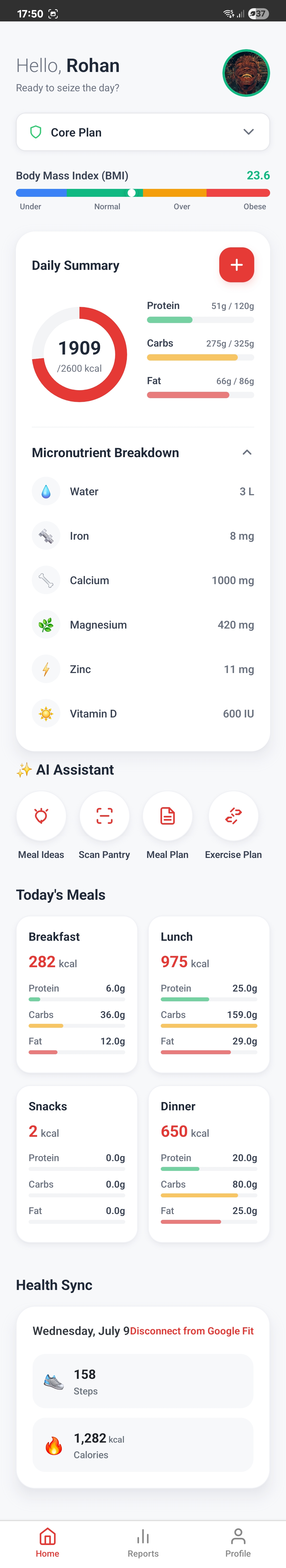 Fit & Lean App Dashboard showing daily summary and AI assistant
