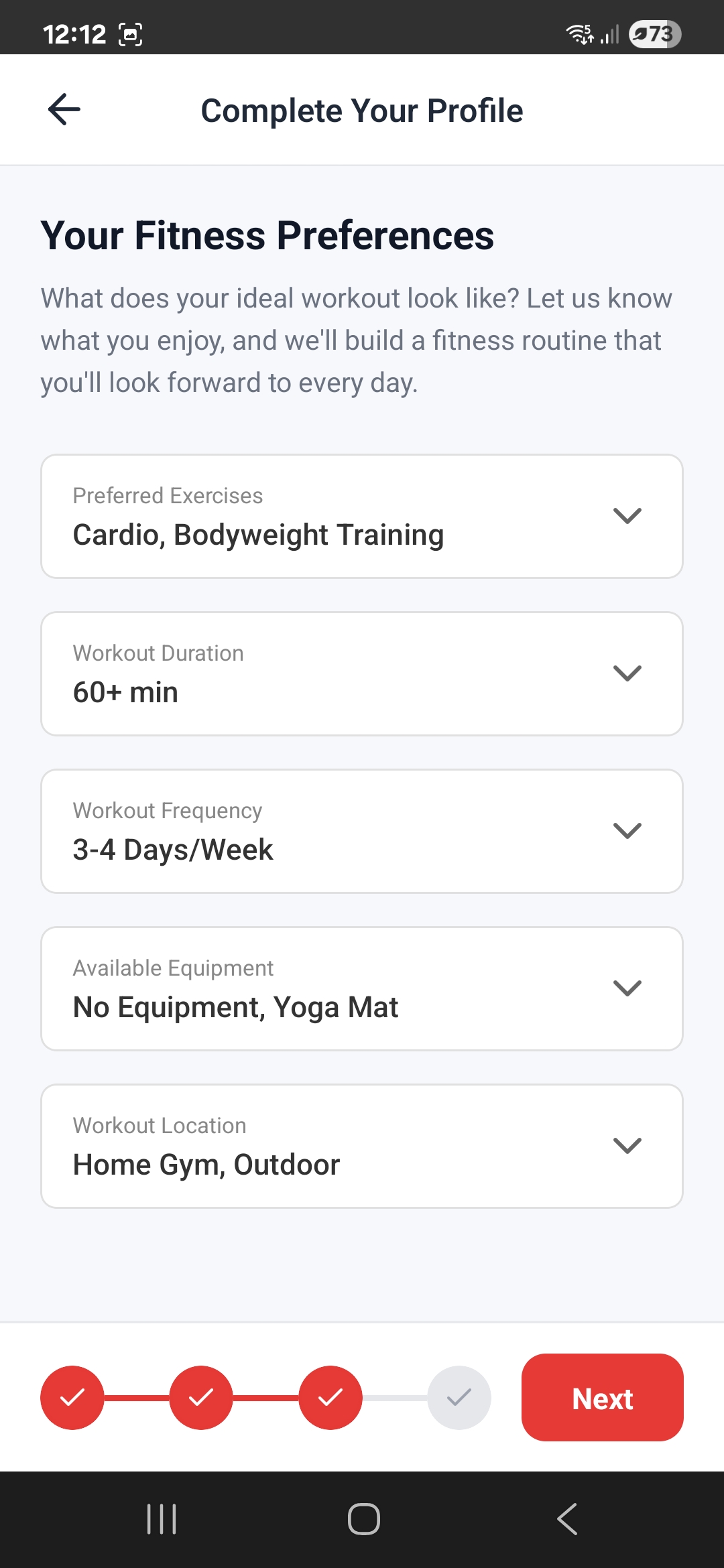 User profile screen for setting preferences